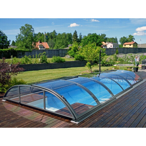Alukov Poolüberdachung Azure, Selbstaufbau, 3,75 x 7,62 m, Schiebetür rechts, Polycarbonat 3 mm glasklar